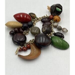 Rare HAWAIIAN‎ Vintage Wooden Nuts Pods Seeds Nikar Handmade Charm Bracelet